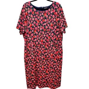 Lands' End Navy & Red Floral Ponte Knit Short Sleeve Sheath Dress Size 20